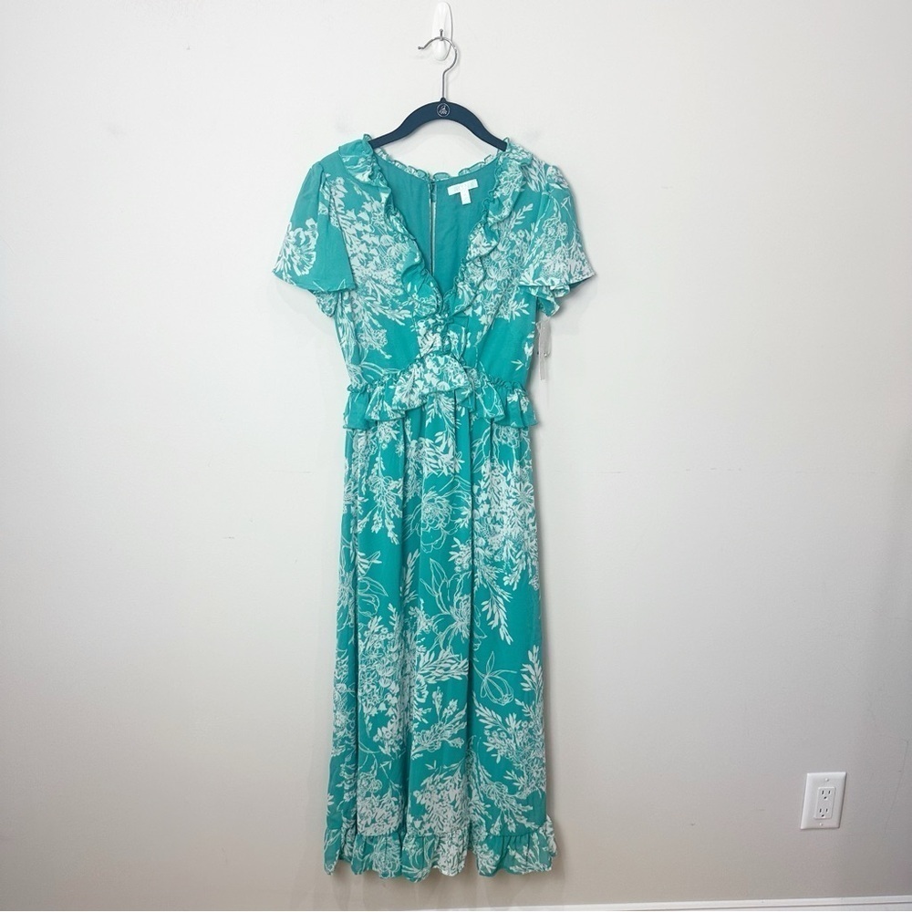 Abound Floral Ruffle Midi Dress Green White V neck Girly Flirt Spring Summer - Picture 2 of 8